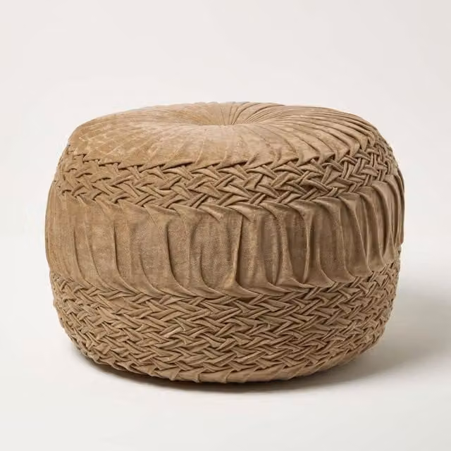 Homescapes Sofia Pleated Velvet Pouffe - Taupe