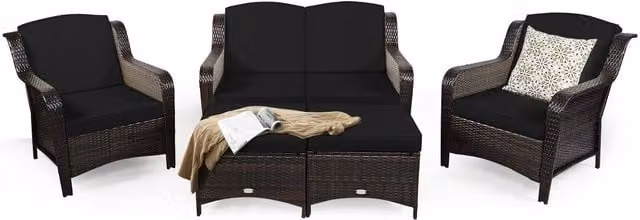 Costway 5 Piece Modern Black Patio Furniture Set with Upholstered Cushions and Powder Coated Steel Frame