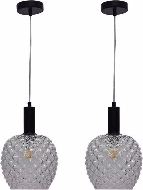 First Choice Lighting Baine Set of 2 Black Deco Pendant Lights with Transparent Textured Glass, Height Adjustable – 1