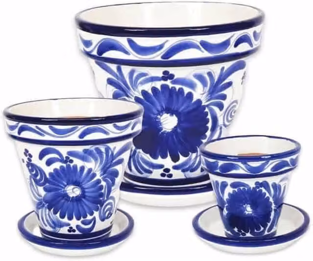 Verano Spanish Ceramics Blue Floral Hand Painted Terracotta Planter Set of 3 with Drainage Plates, W/D/H: 16 x 14 x 23 cm, 23 x 22 x 29 cm, 29 x 27 x 29 cm – 1