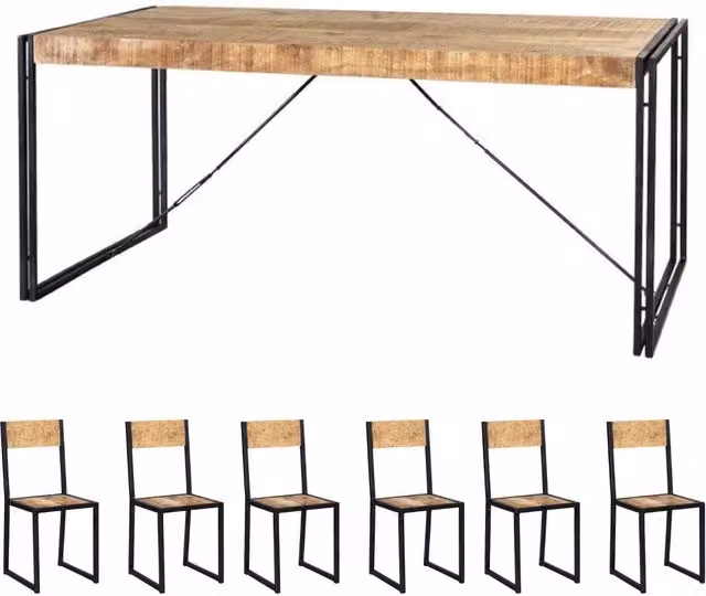 IH Design Industrial Vintage Mintis Dining Table and 6 Chairs Set in Brown Wood