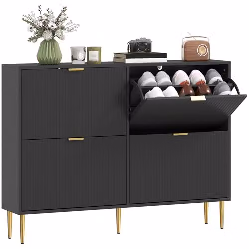 HOMCOM Narrow Black and Gold Shoe Cabinet with 4 Tilting Compartments and Internal Shelves, H 91.5 x W 105.0 x D 24.0 cm