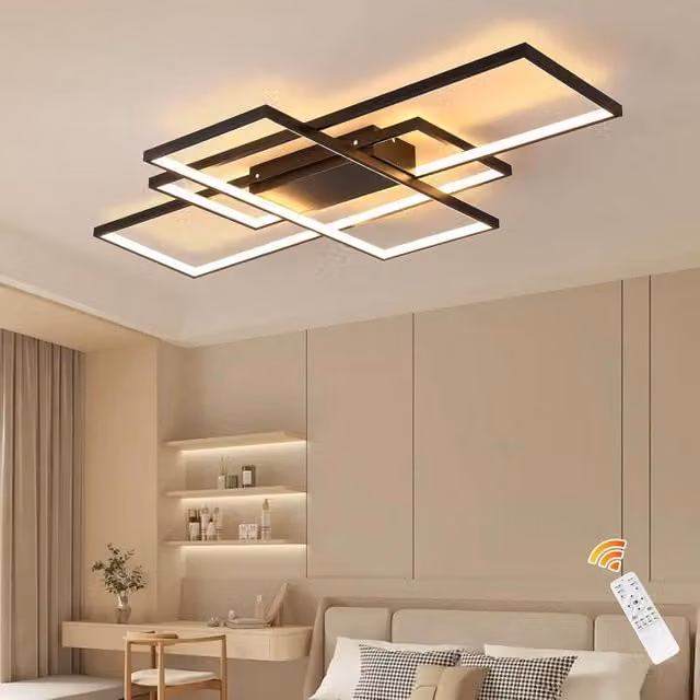 NIVOR 50W Dimmable LED Ceiling Light with Remote Control, Black Modern Square 3-Light Chandelier