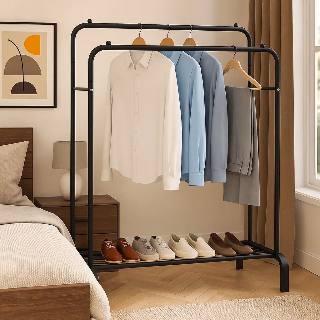 Modcraft Heavy Duty Double Rail Clothes Rack in Matt Black with Shelf, W/D/H: 150 x 54.5 x 110 cm – 2