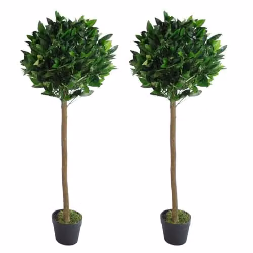 Leaf Design UK Pair of Plain Stem Artificial Bay Laurel Topiary Ball Trees, Green, Height: 120 cm