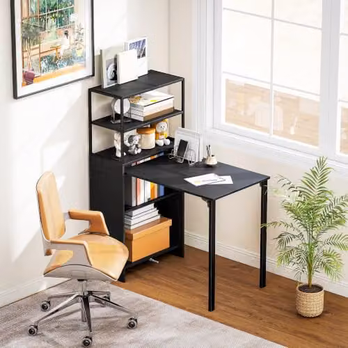 HOMCOM Folding Computer Desk with 4-Tier Bookshelf, Black – 7