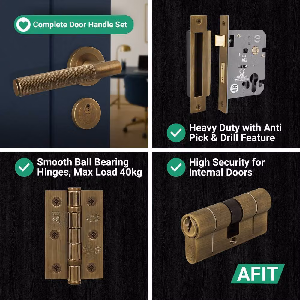 AFIT Antique Brass Knurled Lever Rose Euro Lock Double Cylinder Hinges in Bronze, 15.0 x 15.0 cm – 5