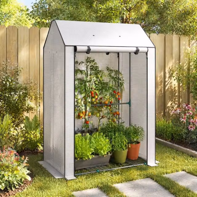 STILVORA Mini Greenhouse with 4 Shelves and 8 Vents, White