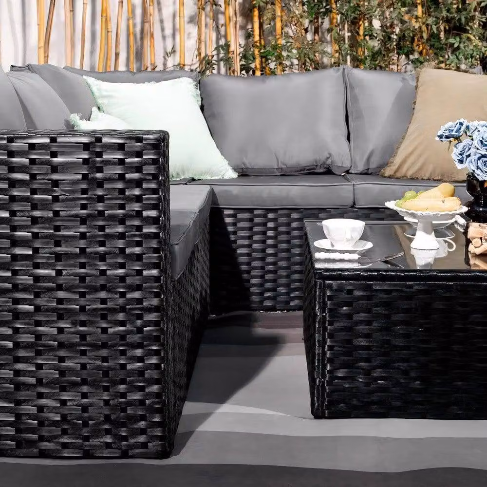Furniture Maxi Vancouver 6 Seater Rattan Corner Sofa Patio Set in Black – 3