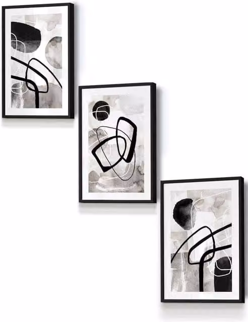 ARTZE Abstract Black Grey and White Watercolour Shapes Framed Wall Art, W: 33 cm, H: 45 cm, D: 0.2 cm