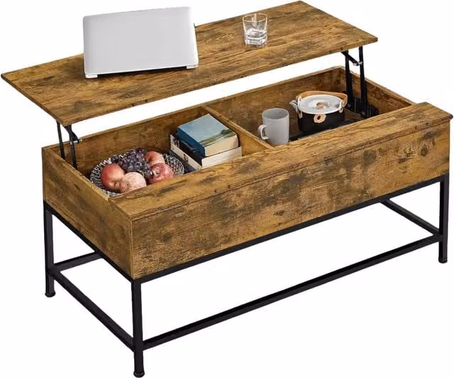Pirlo Plush Industrial Lift Top Coffee Table with Hidden Storage in Brown and Black