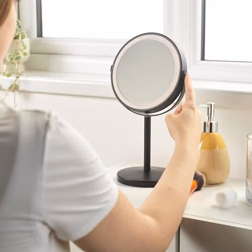 Beldray Rechargeable 7 inch Double Sided Makeup Mirror in Black with 1X/3X Magnification, 3 Colour Dimmable LED Lights and Height Adjustable Stand – 3