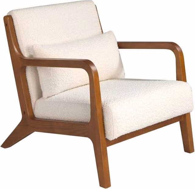 Angel Cerda White Bouclé Fabric Armchair with Walnut Wood Legs