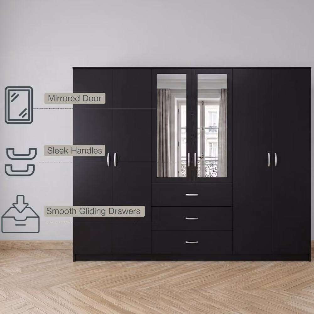 Vida Designs Riano 6 Door 3 Drawer Mirrored Wardrobe in Black – 5