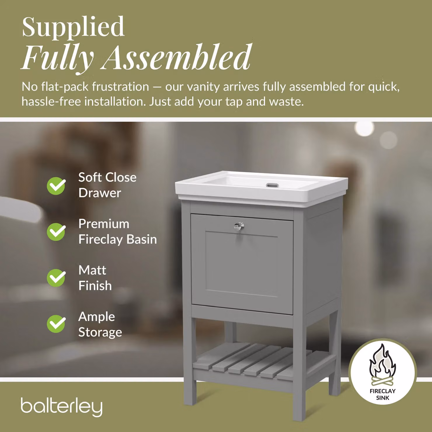 Balterley Bathroom Floor 1 Drawer Vanity and 0 Tap Hole Basin, Cool Grey, W: 53.1 cm – 3