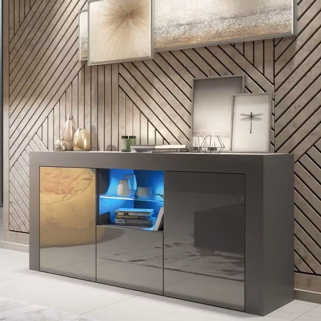 Mex Furniture LTD Modern Glossy Sideboard with Integrated LED Lighting in Dark Grey, W: 145 cm, H: 70 cm, D: 35 cm