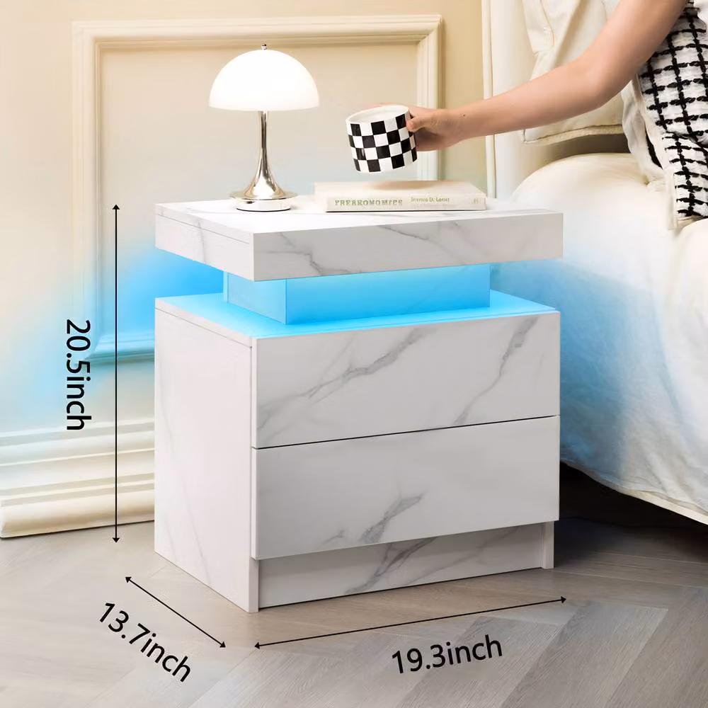 Direct Wicker Modern White Rattan Bedside Cabinet with Integrated LED Lighting and Stone Pattern Decoration – 2
