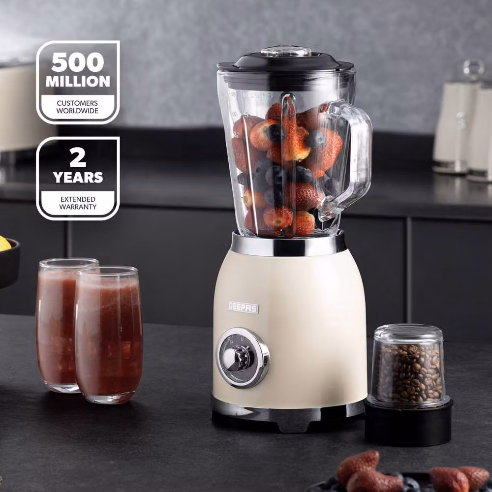 Geepas Retrovive 2-in-1 Food Jug Blender and Coffee Grinder Mill, 800W, 1.5L Glass Jar, Cream – 2