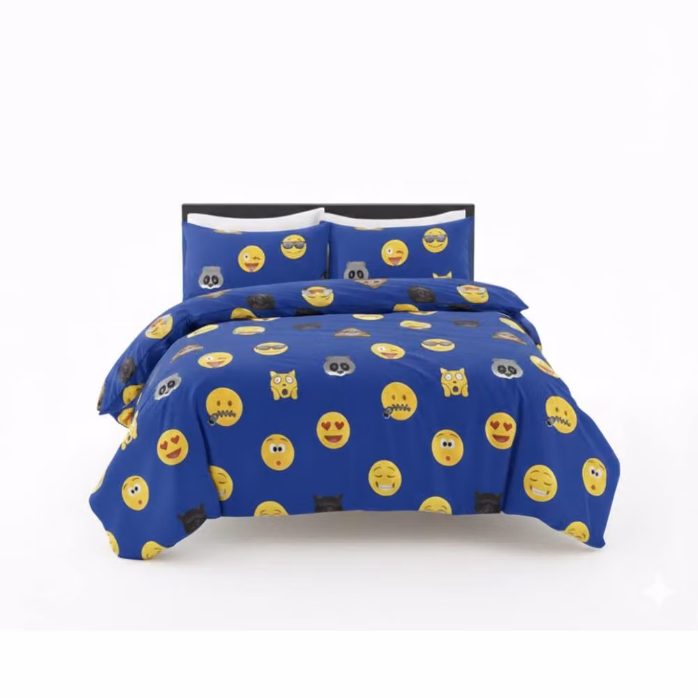 Snug City Emoji Print Duvet Cover and Pillowcase Set in Blue, W: 140 cm, H: 200 cm – 2