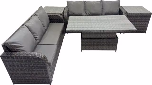 Fimous 6-Seater Rattan Garden Furniture Dining Set with 2 Side Tables in Dark Grey