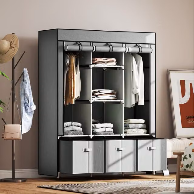 HOMCOM Fabric Wardrobe with Internal Shelves, Hanging Rod and Drawers, Grey