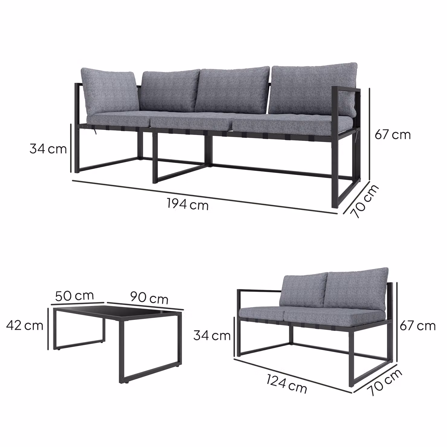 Outsunny L-Shaped Garden Corner Sofa Set with Tempered Glass Coffee Table and UV-Resistant Upholstered Cushions, Grey – 3