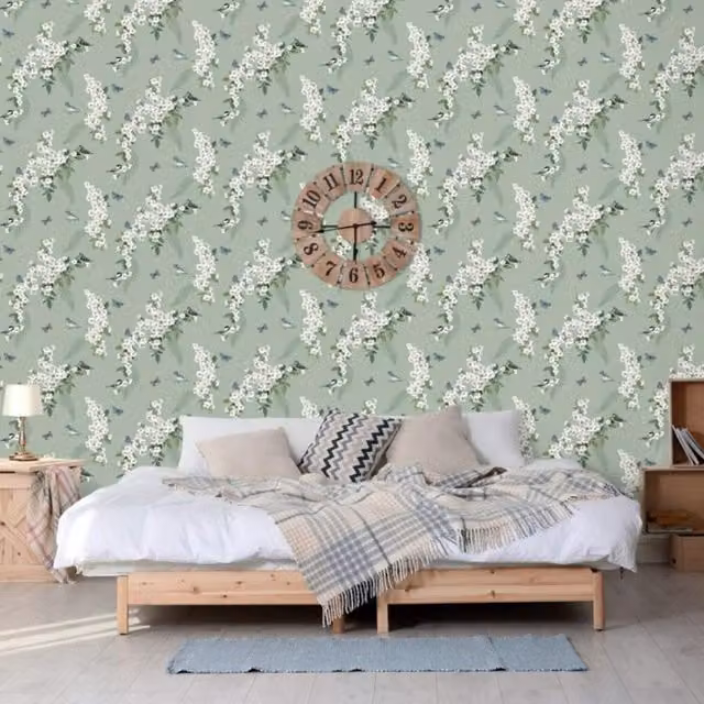 World of Wallpaper Mitzu Bird Botanical Floral Wallpaper in Grey and Green