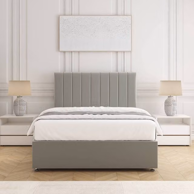 BSSPOKE Aria Divan Bed Set with 24 inch Headboard and Mattress in Silver Plush Velvet, Small Double, W/D/H: 120 x 200 cm