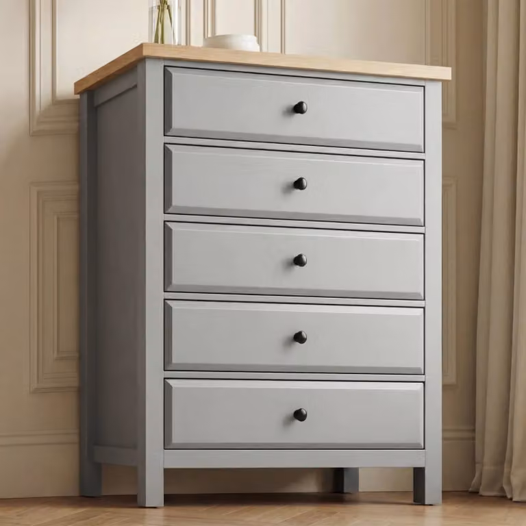 DHS Grey Tall 5 Chest of Drawers with Oak Details, H: 115 cm, W: 93 cm, D: 42 cm