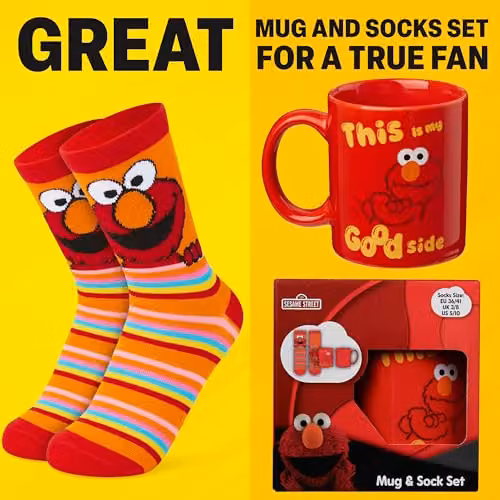 Get Trend Sesame Street Mug and Crew Socks Gift Set in Multicolour featuring Elmo and Cookie Monster, 340ml Ceramic Cup – 2