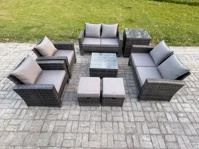 Fimous 8 Seater Rattan Garden Furniture Set with Square Coffee Table and Side Table in Dark Grey