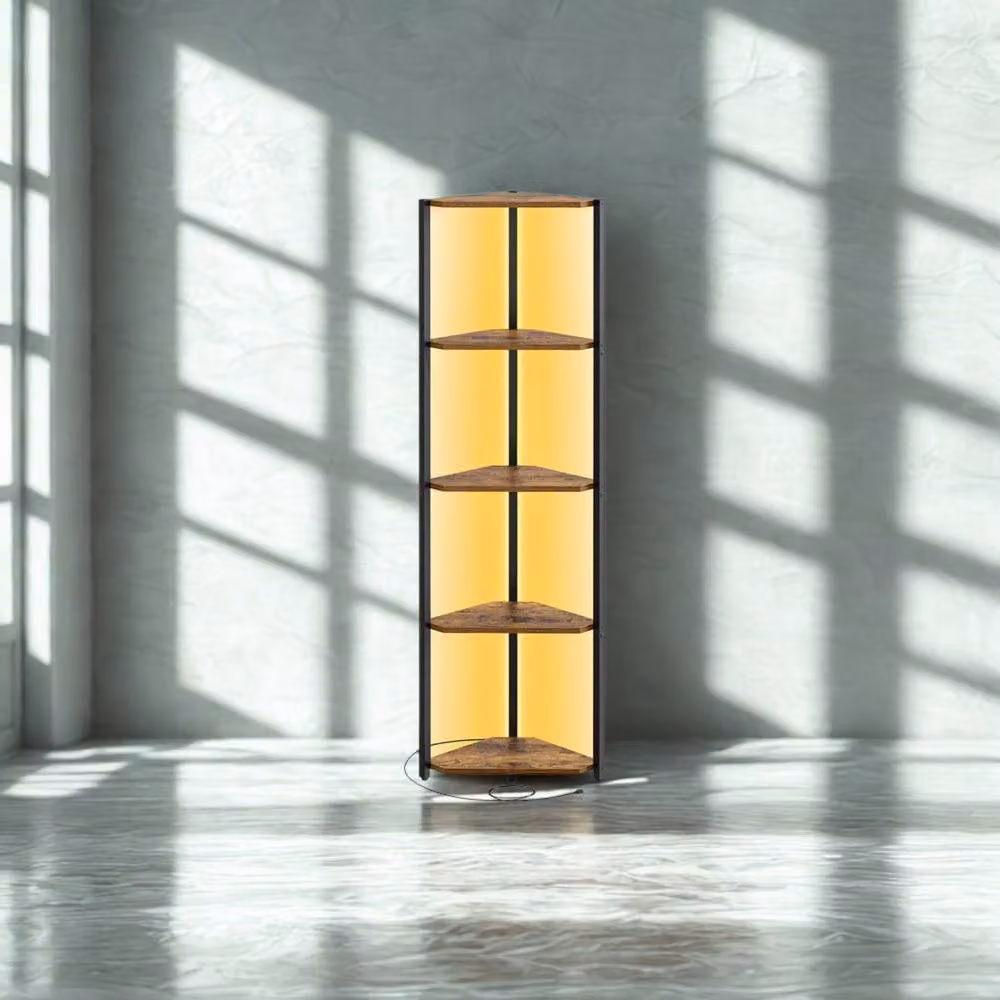 Pirlo Plush Industrial 5 Tier Free-Standing Corner Shelf with Integrated LEDs in Rustic Brown – 2