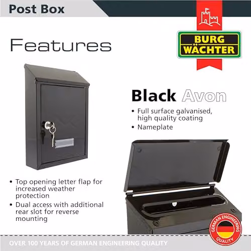 Burg-Wächter MB09BK Avon Rear Entry Wall Mounted Galvanised Steel Lockable Weatherproof Post Box, Black, W: 21 cm, H: 30 cm, D: 6.5 cm – 2