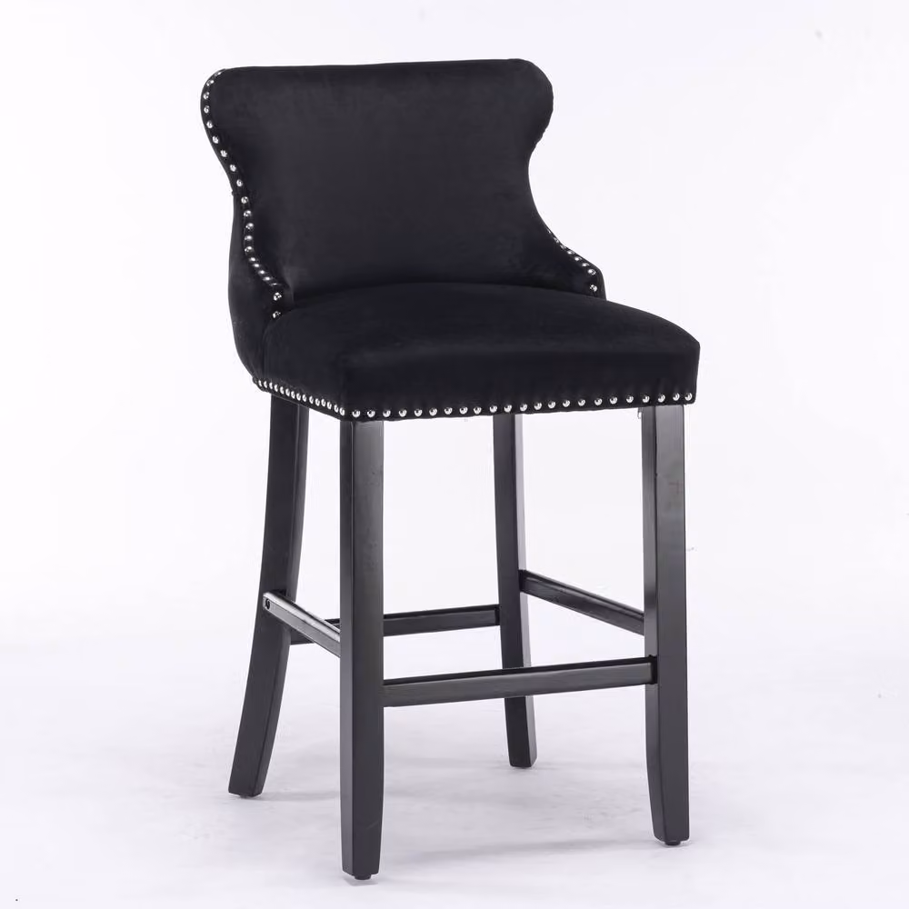 Modern Home Touch Set of 6 Black Velvet Wing Back Bar Stools with Oak Wood Legs – 2