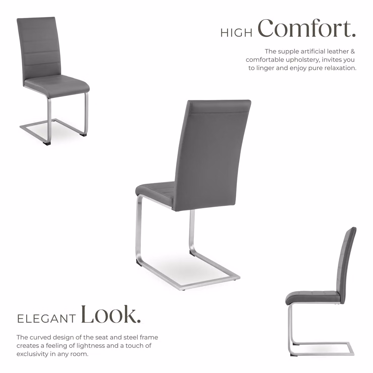 tectake Bettina Set of 4 Dining Chairs in Grey with Synthetic Leather and Metal Cantilever Base – 3