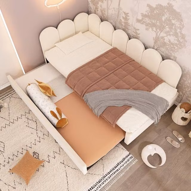 Merax Upholstered L-Form Single Daybed with Pull Out Guest Bed in Beige, W/D/H: 190 x 90 x 76 cm – 1