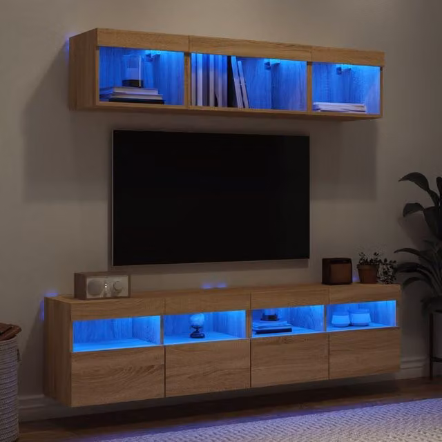 Berkfield Home 5 Piece Modern Wall Mounted TV Unit with Integrated LED Lighting in Sonoma Oak Brown