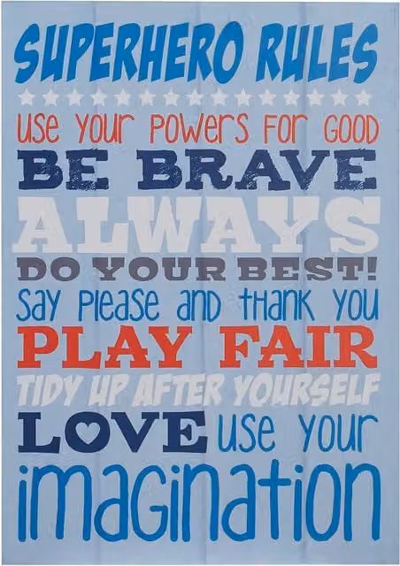 Orsina Kids Superhero Rules Hanging Wood Wall Plaque in Blue, White and Red