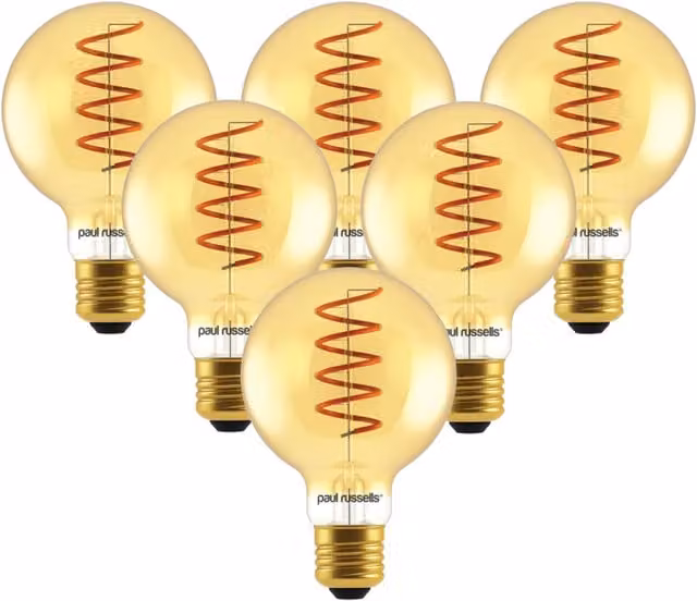 Paul Russells 4W LED G80 Globe Bulb, E27, 250lm, 1800K Extra Warm White, Amber Transparent Filament, Pack of 6