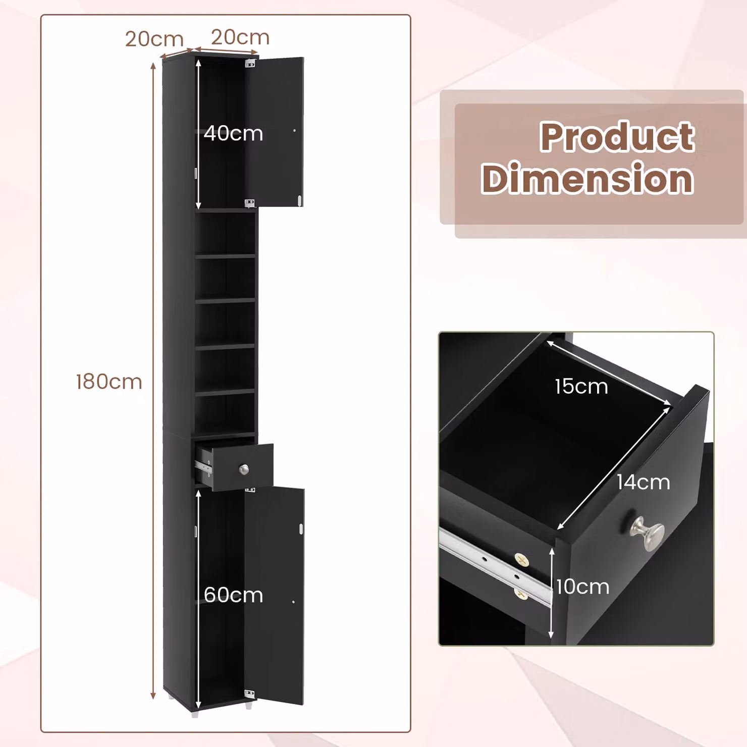 Gymax Slim Black Matt Bathroom Tall Cabinet with 2 Hinged Doors and Adjustable Internal Shelves – 3