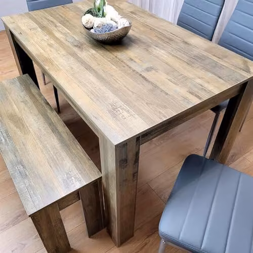 KOSY KOALA Rustic Wooden Dining Table Set with 4 Grey Leather Chairs and 1 Bench, Brown and Grey – 3