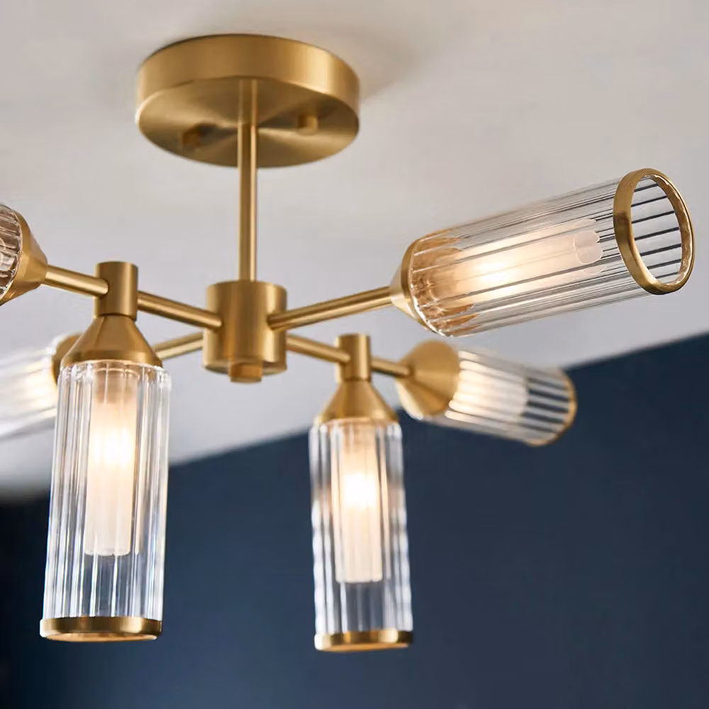 Loops Brass Semi Flush 6 Bulb Ceiling Light with Transparent Ribbed Glass Shades in Gold/Brass – 4