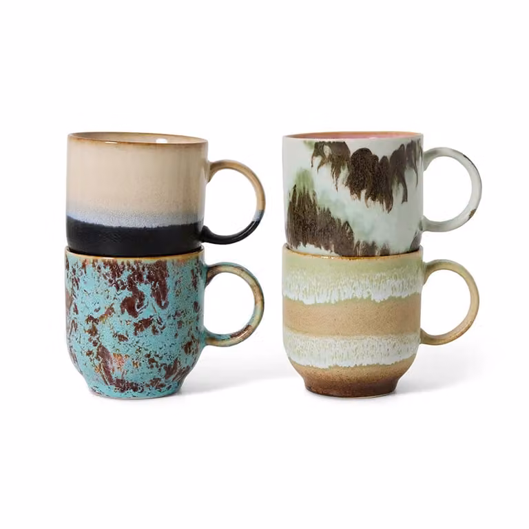 HKLIVING 70s Abstract Ceramic Café Cup Set of 4, Multicolour Stoneware Mugs