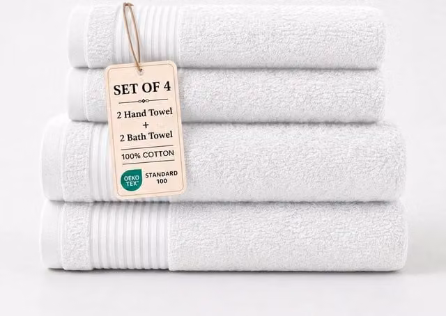 Grace Premium White Cotton Bath and Hand Towel Set of 4, 500 GSM
