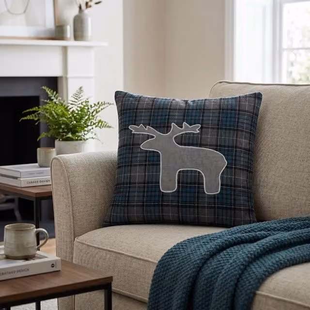 Orsina Checked Stag Cushion in Blue and Grey, W/D/H: 43 x 43 x 43 cm – 3