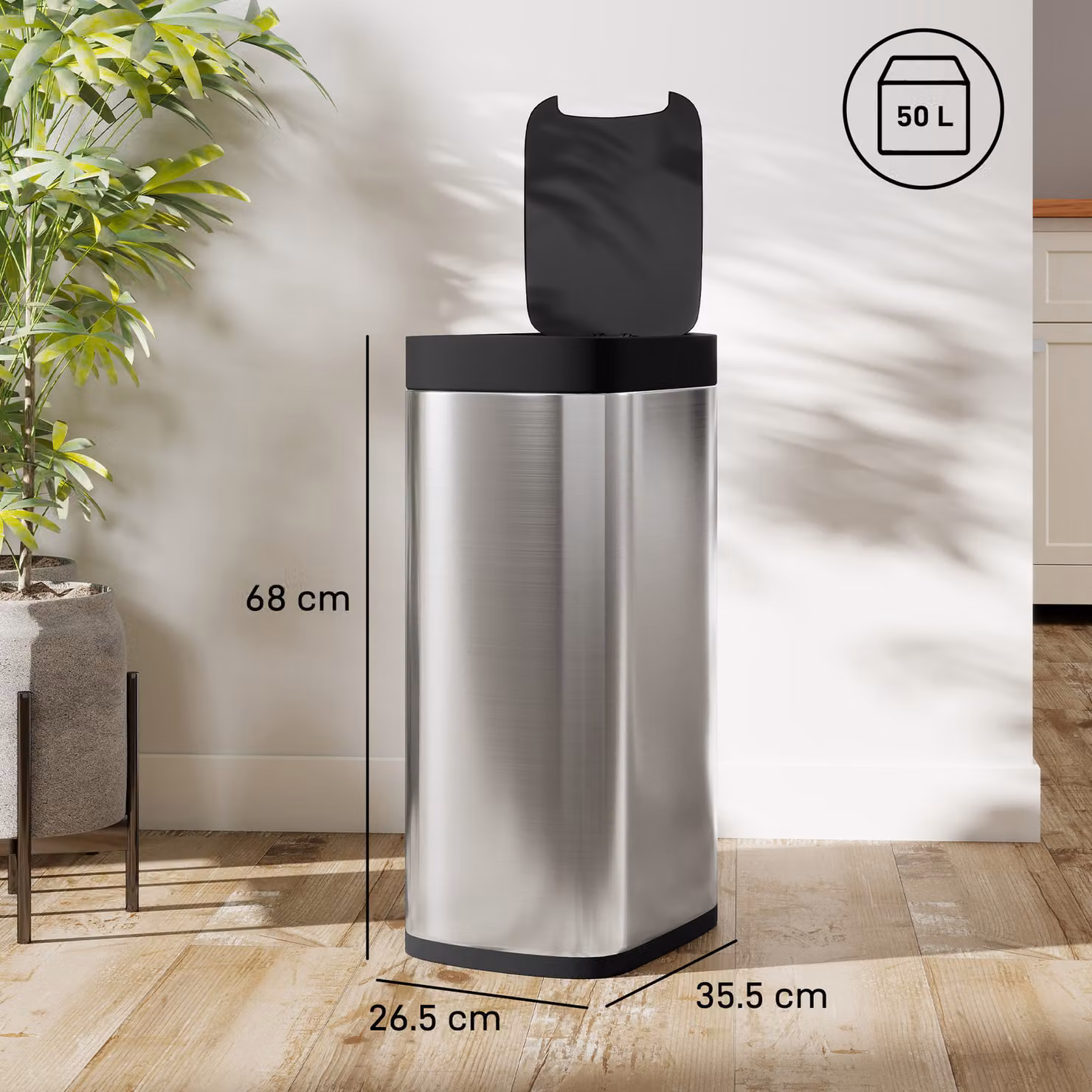 HOMCOM 50L Automatic Sensor Bin in Silver Stainless Steel with Manual Override – 3