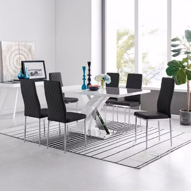 FurnitureboxUK Atlanta Modern Rectangular High Gloss White Dining Table and 6 Milan Chairs Set in Black – 1