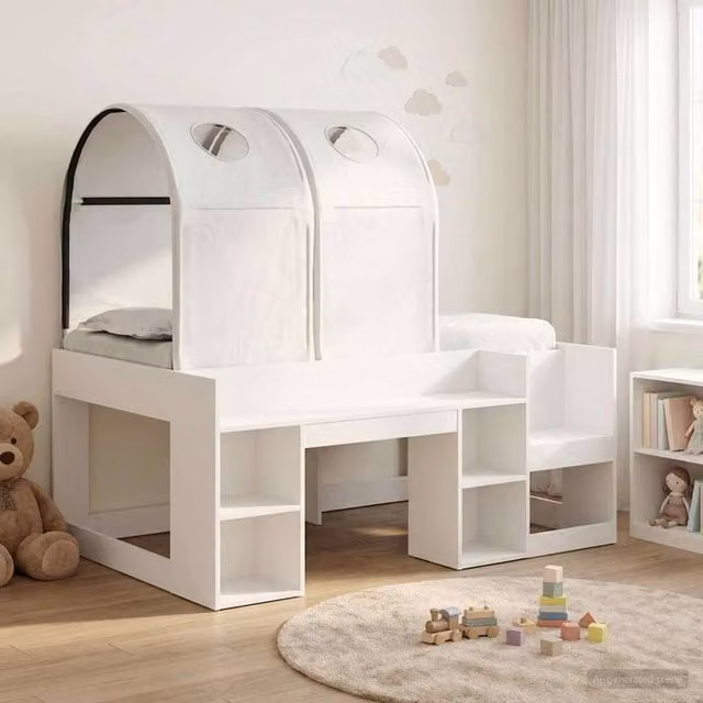 Berkfield Home 3-Piece Modern White Engineered Wood Bed with House Frame, Tunnel and Bedside Shelves