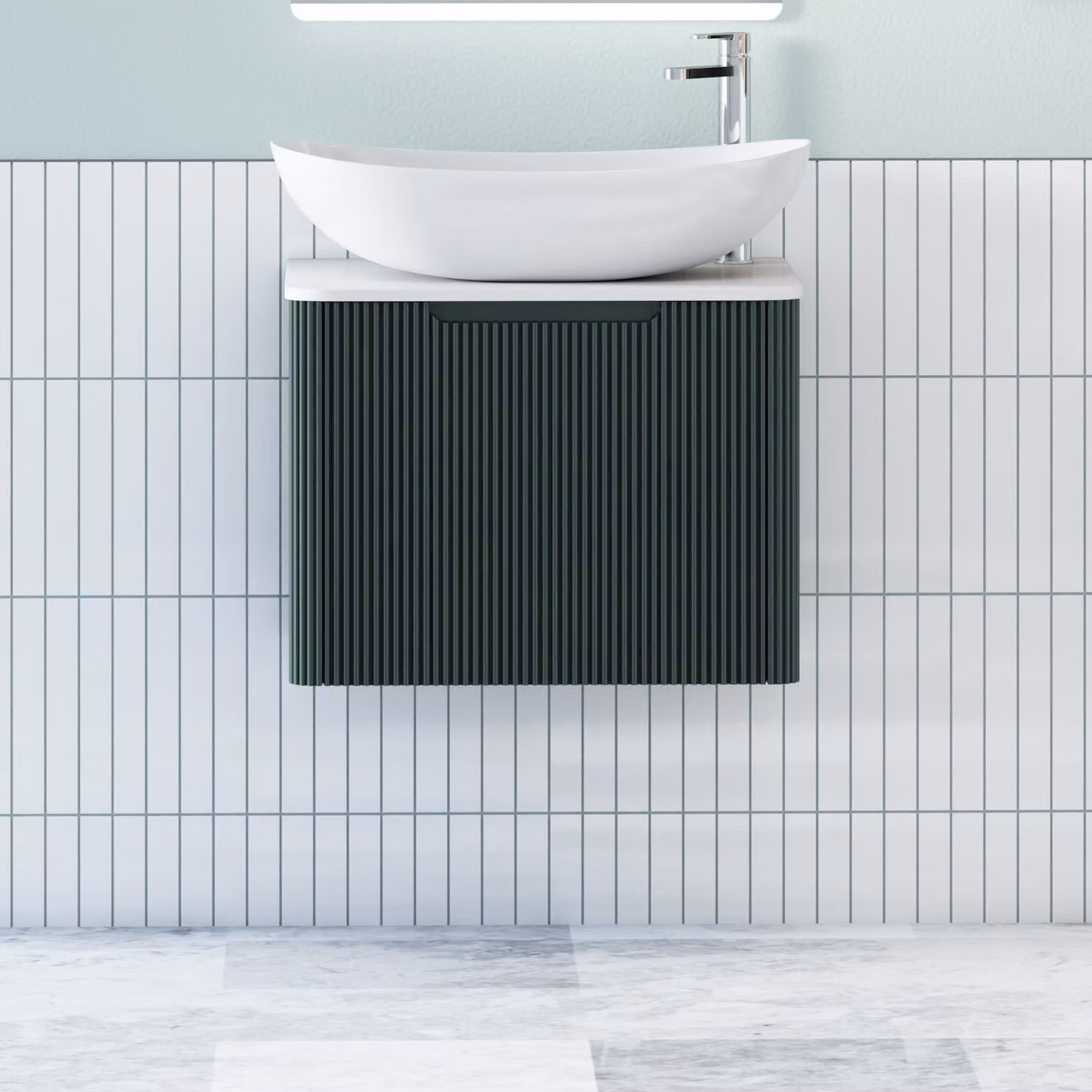 Royal Bathrooms Avenza Wall Hung Vanity Unit with Cesar Basin, Moss Green and Plain White Worktop, Depth: 60 cm
