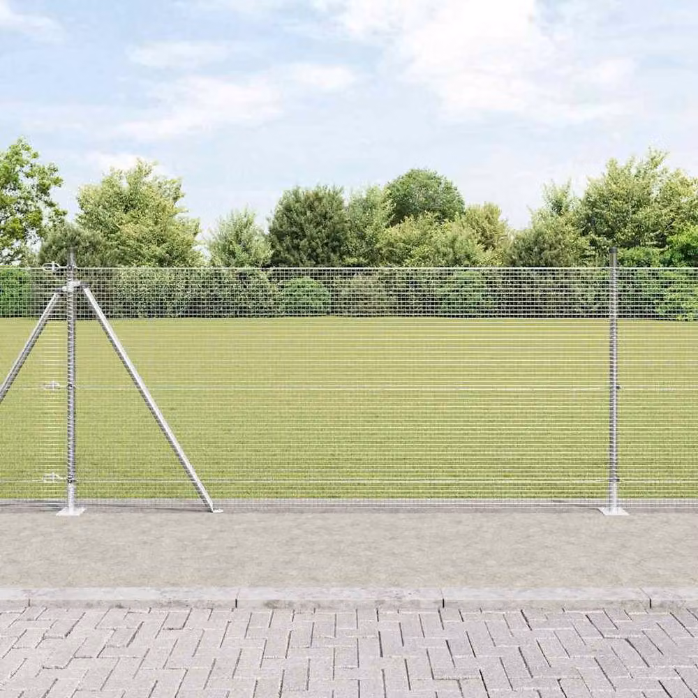 Berkfield Home Single-Bar Welded Wire Fence with 13 Flanged Posts, Galvanised Steel, Silver, 0.8 x 25 m – 1